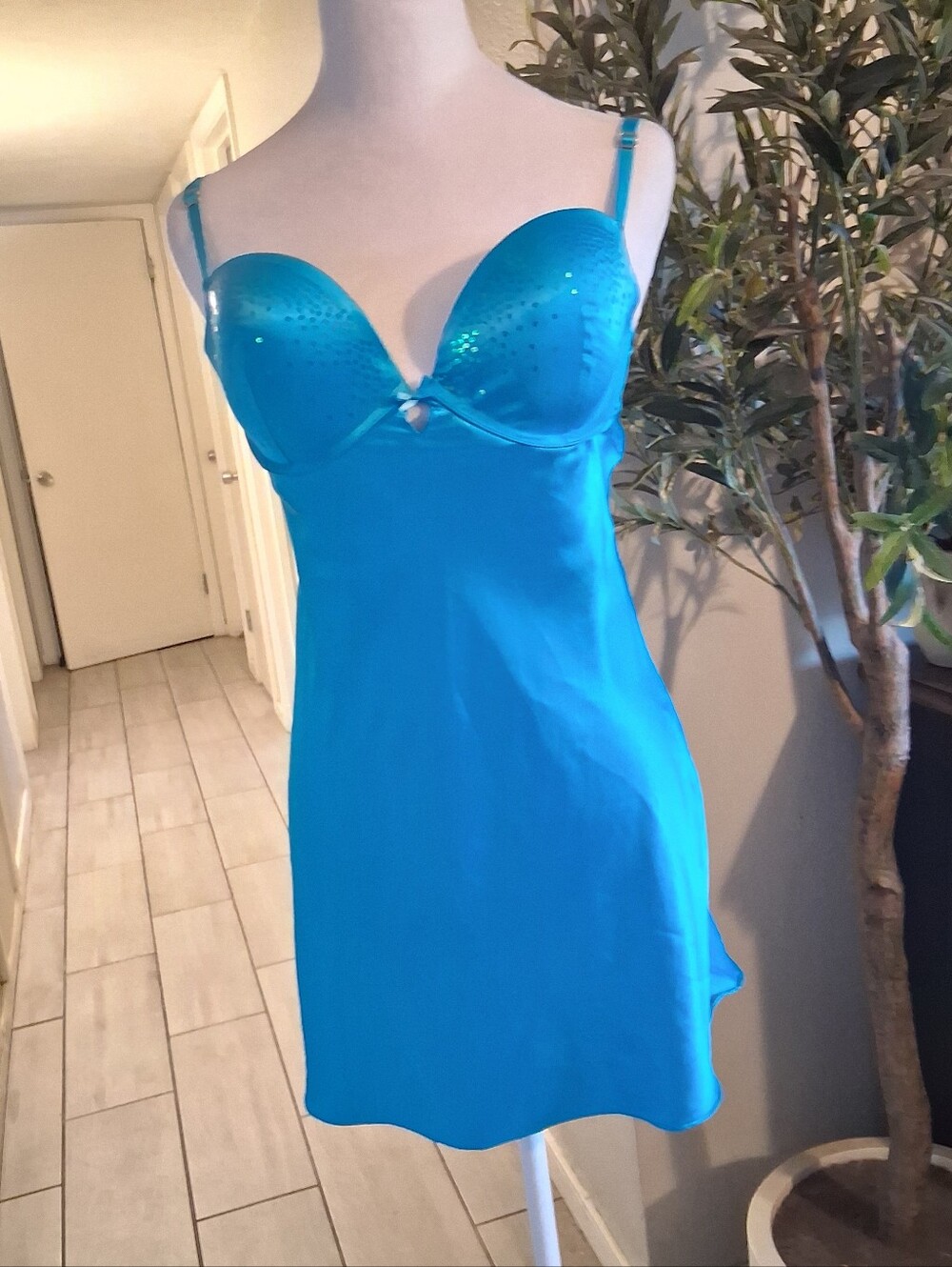 Victoria's Secret Turquoise Satin Lingerie Dress Sz34D Babydoll Fairy Padded Cup - Picture 2 of 15
